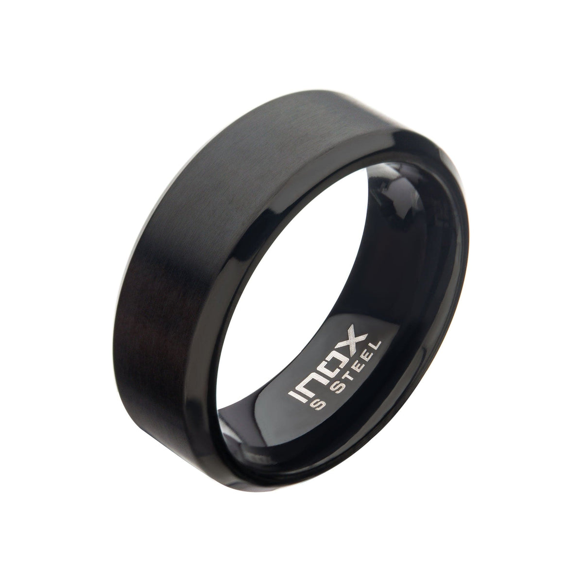 INOX JEWELRY Rings Black Stainless Steel 8mm Matte Finish Beveled Wedding Band Ring