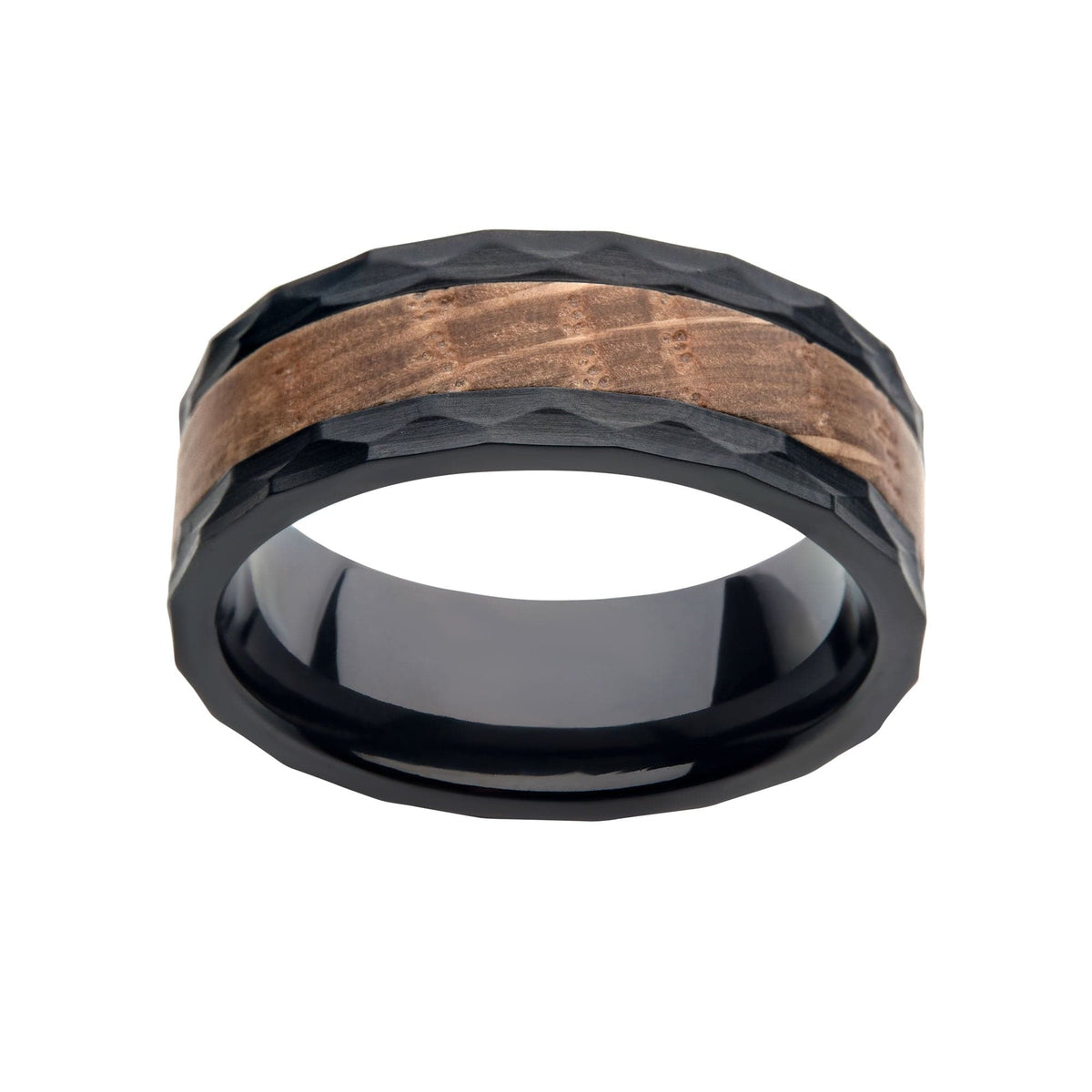 INOX JEWELRY Rings Black Stainless Steel Band with Whiskey Barrel Wooden Inlay