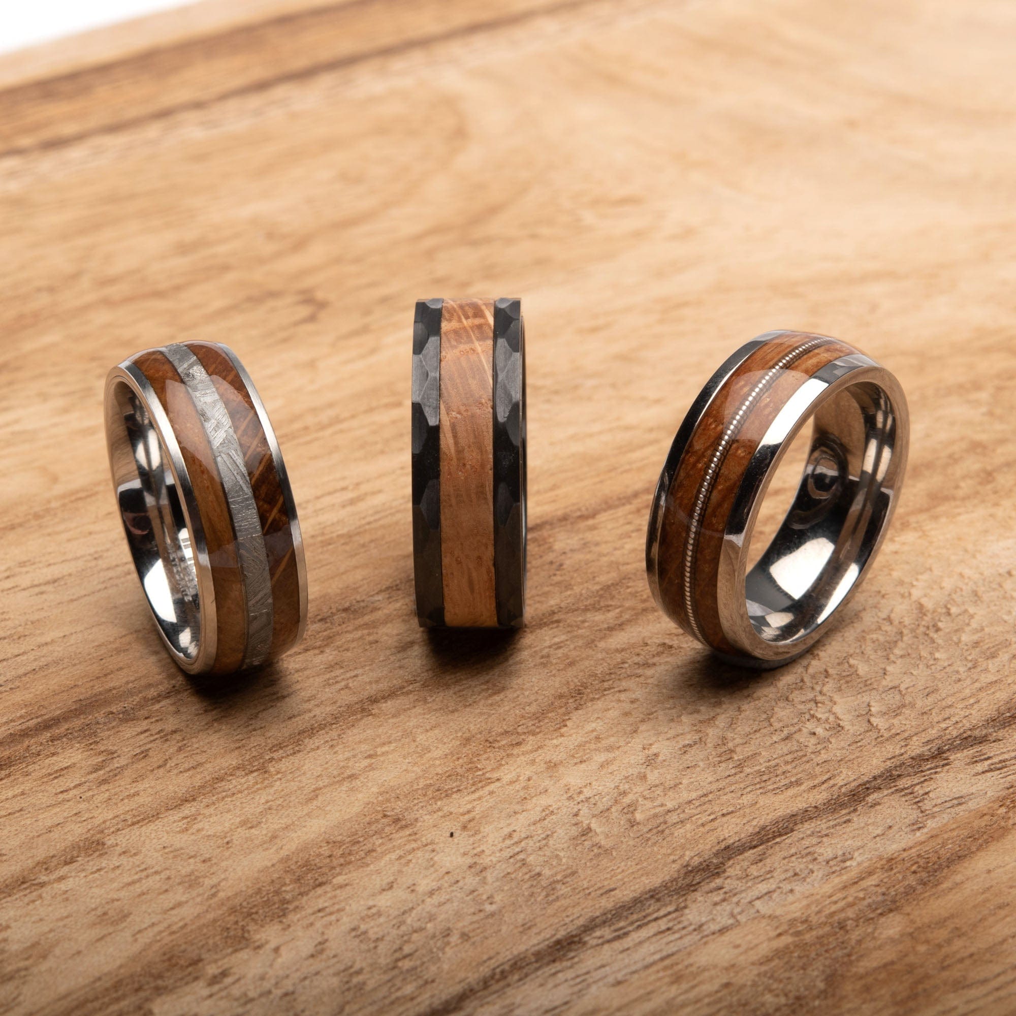 INOX JEWELRY Rings Black Stainless Steel Band with Whiskey Barrel Wooden Inlay