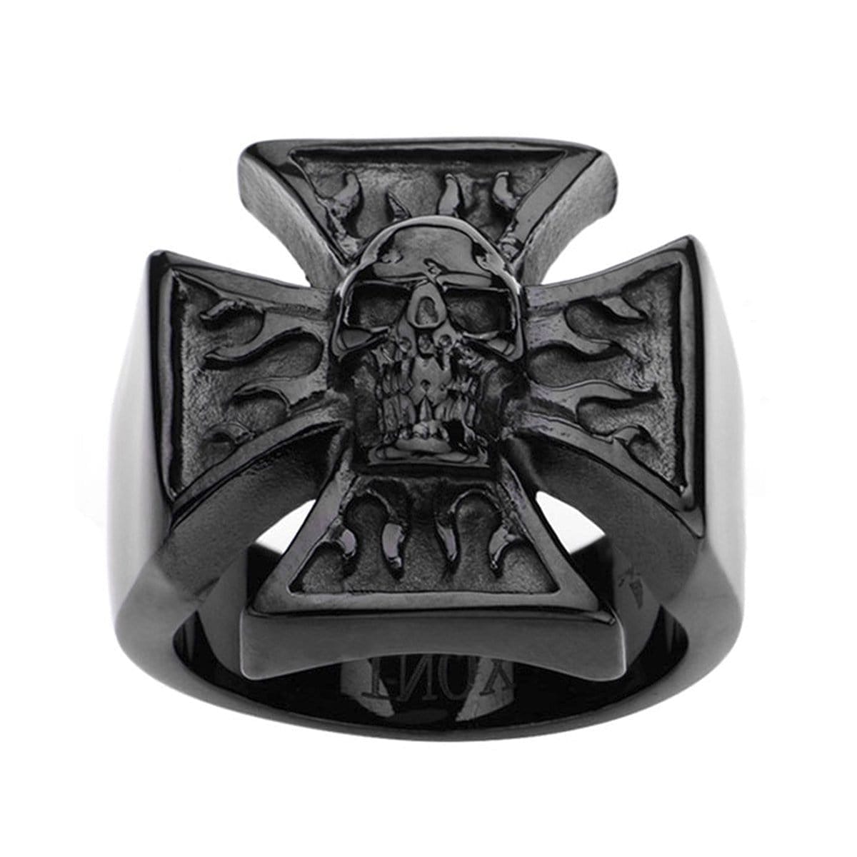 INOX JEWELRY Rings Black Stainless Steel Biker&#39;s Cross Skull Ring