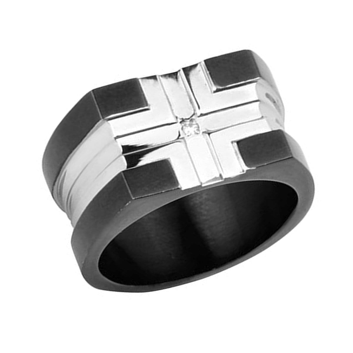 INOX JEWELRY Rings Black Stainless Steel Cross Pattern White CZ Ring FR8138-9