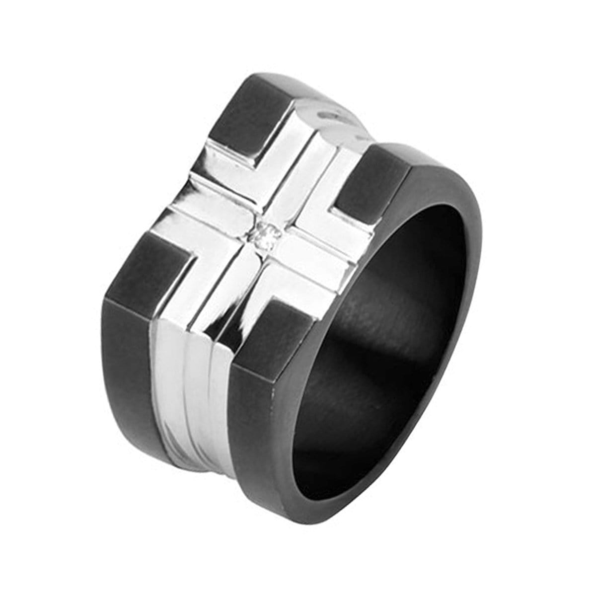 INOX JEWELRY Rings Black Stainless Steel Cross Pattern White CZ Ring FR8138-9