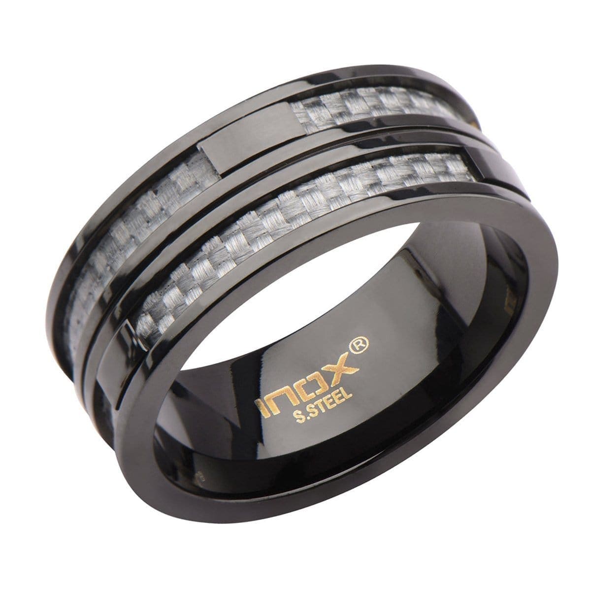 INOX JEWELRY Rings Black Stainless Steel Gray Carbon Fiber Double Layer Banded Ring
