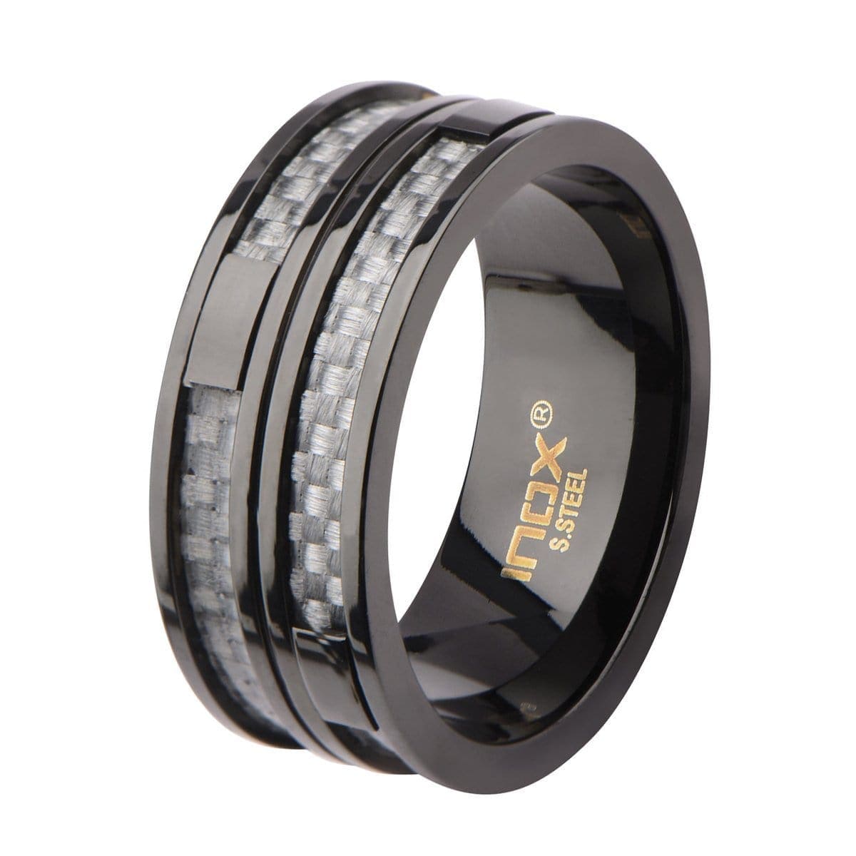 INOX JEWELRY Rings Black Stainless Steel Gray Carbon Fiber Double Layer Banded Ring