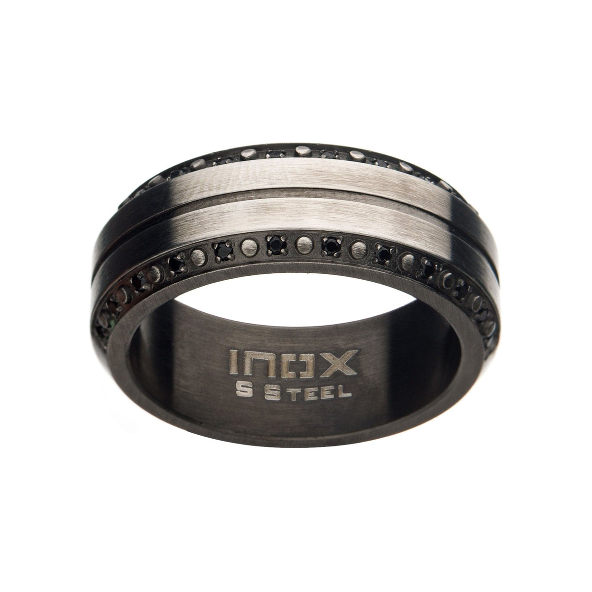 INOX JEWELRY Rings Black Stainless Steel Gunmetal Matte Finish CZ Center Ridge Band Ring