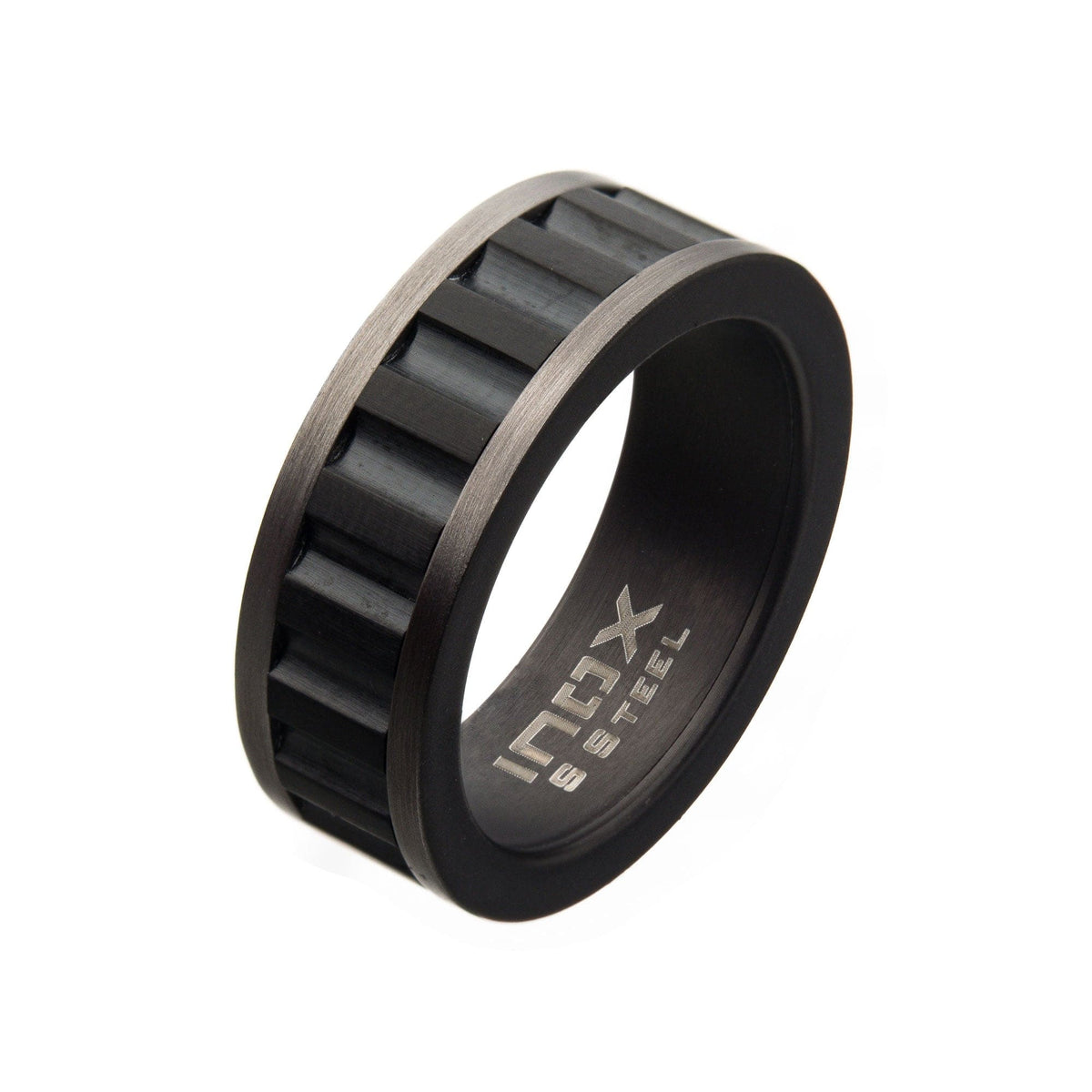 INOX JEWELRY Rings Black Stainless Steel Gunmetal Ridge Inlaid Band Ring