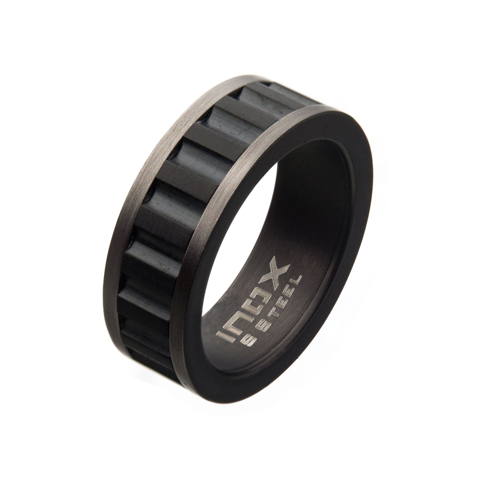 INOX JEWELRY Rings Black Stainless Steel Gunmetal Ridge Inlaid Band Ring