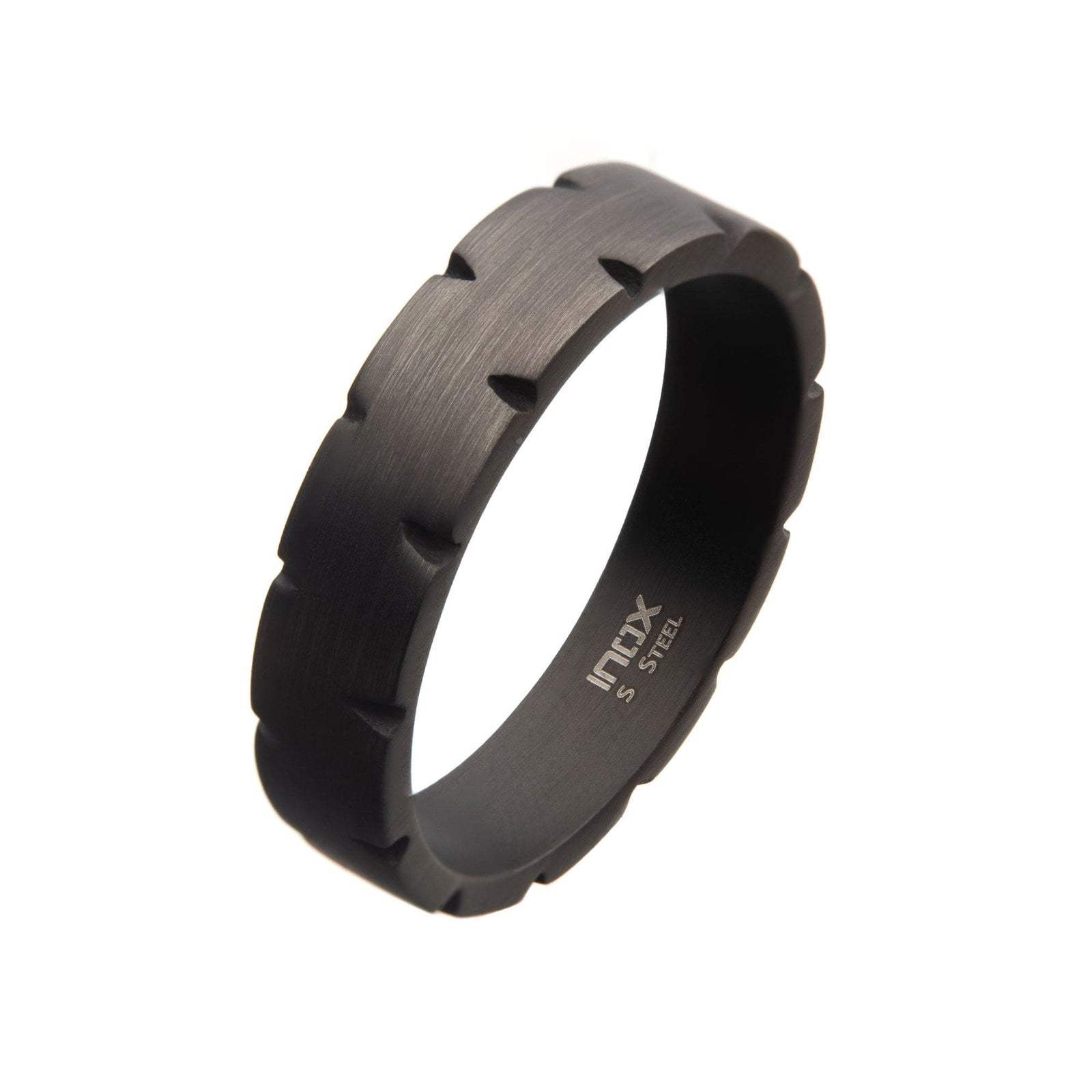INOX JEWELRY Rings Black Stainless Steel Matte Finish Gunmetal Chiseled Band Ring
