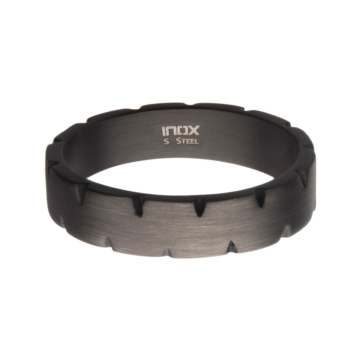 INOX JEWELRY Rings Black Stainless Steel Matte Finish Gunmetal Chiseled Band Ring