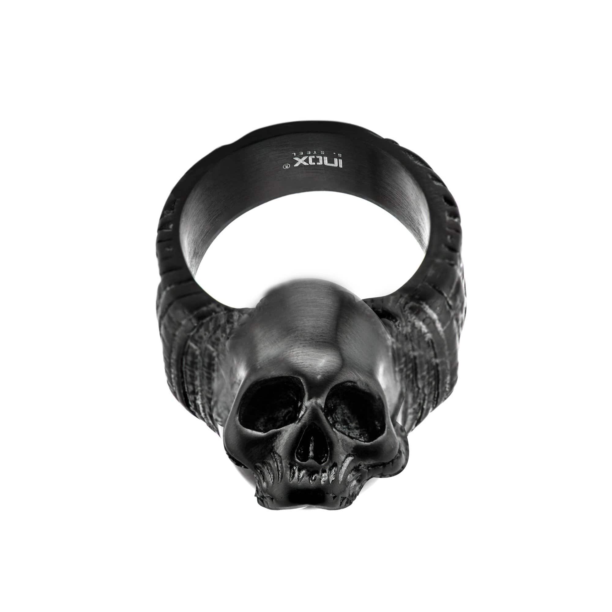 INOX JEWELRY Rings Black Stainless Steel Matte Finish Skull with Ancient Markings Ring