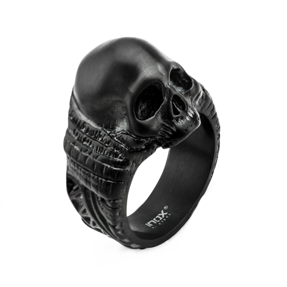 INOX JEWELRY Rings Black Stainless Steel Matte Finish Skull with Ancient Markings Ring