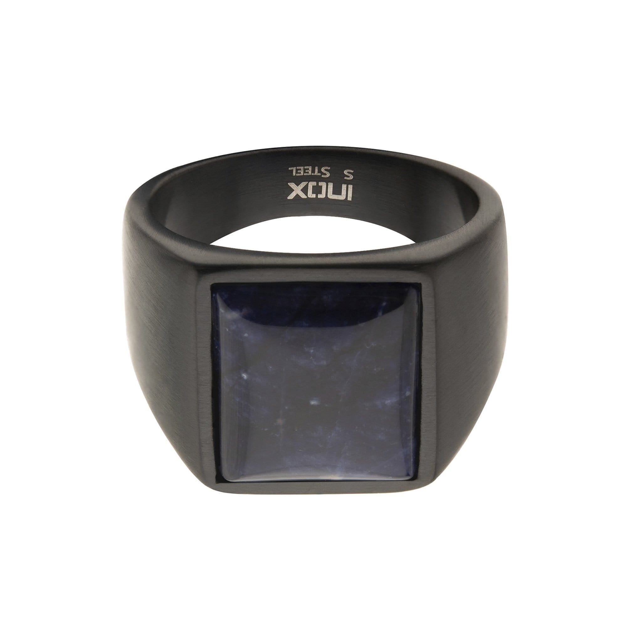 INOX JEWELRY Rings Black Stainless Steel Matte Finish with Polished Sodalite Stone Signet Ring