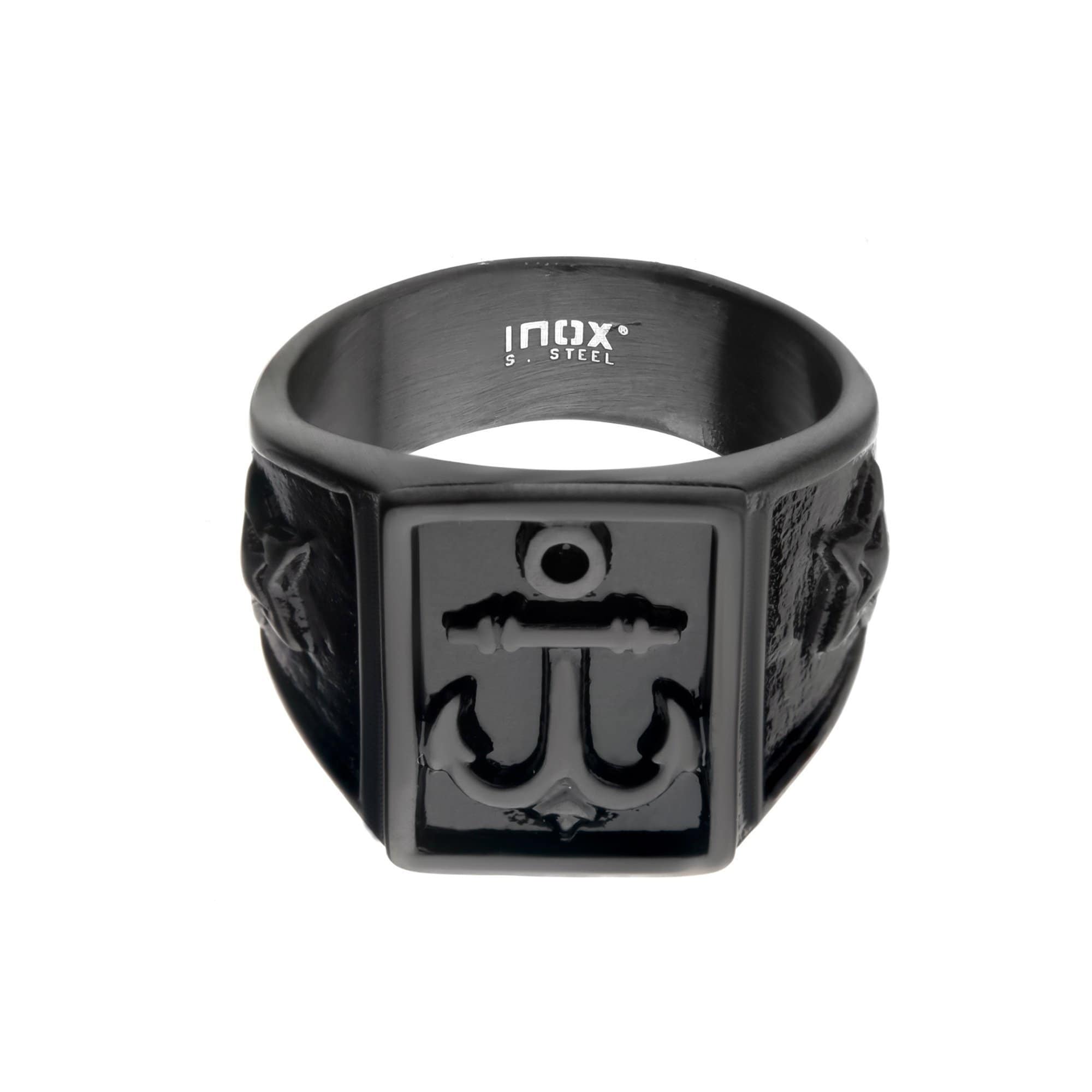 INOX JEWELRY Rings Black Stainless Steel Nautical Anchor Signet Ring