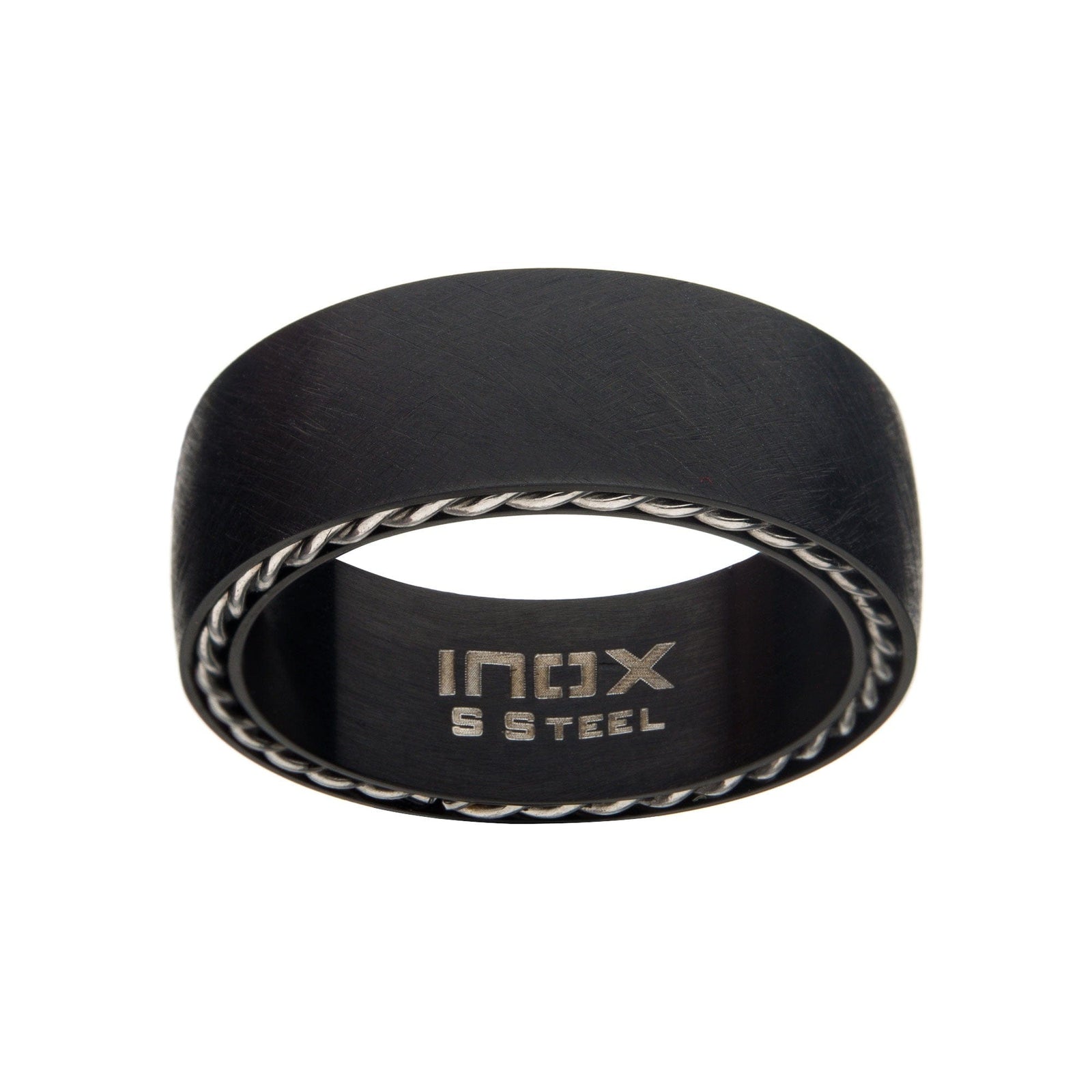 INOX JEWELRY Rings Black Stainless Steel Sand Finish Carbon Fiber and Cable Twisted Band