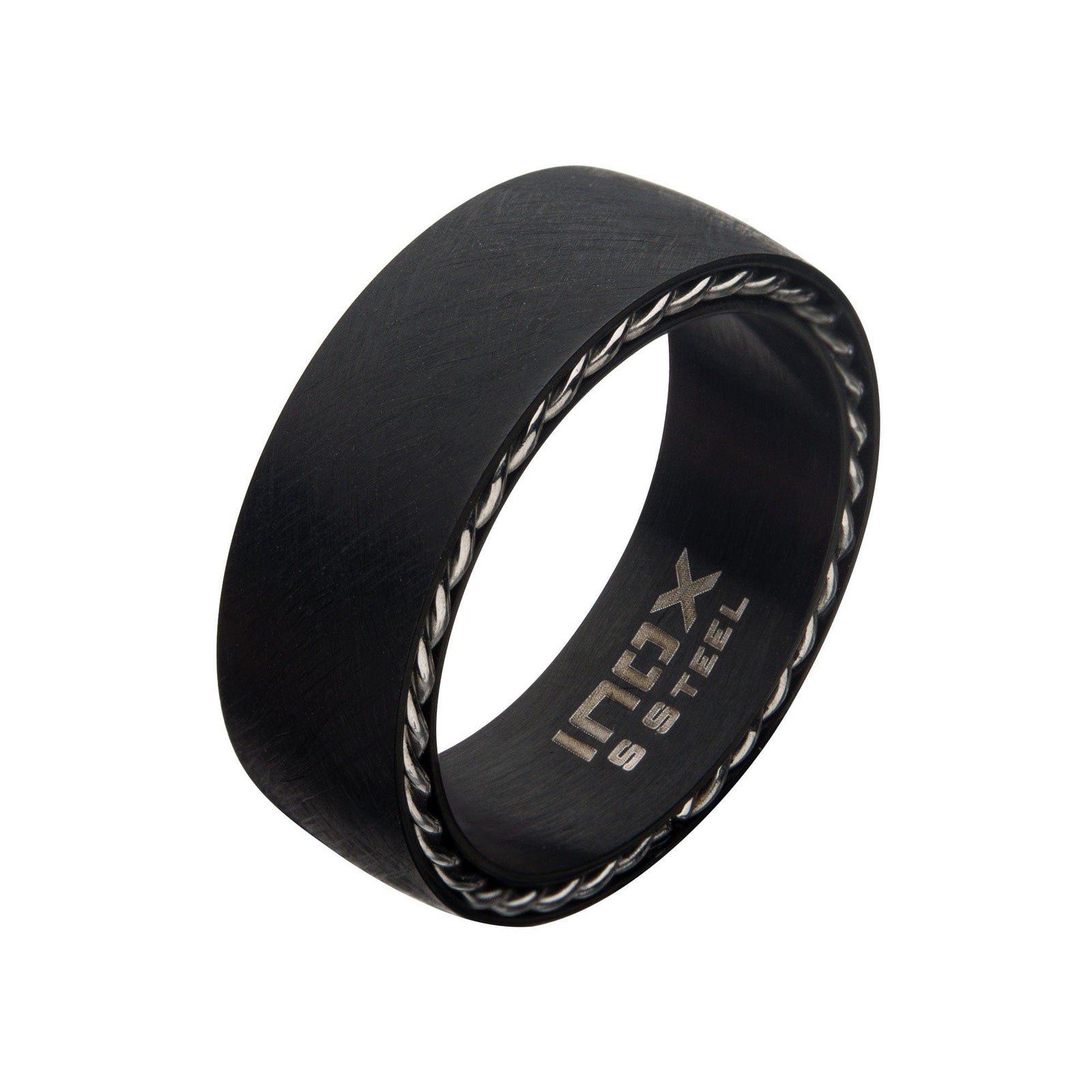 INOX JEWELRY Rings Black Stainless Steel Sand Finish Carbon Fiber and Cable Twisted Band