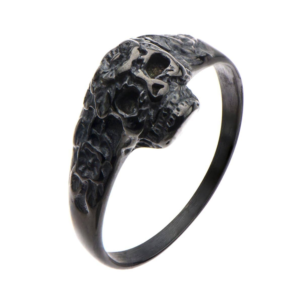 INOX JEWELRY Rings Black Stainless Steel Skull with Carved Flowers Ring