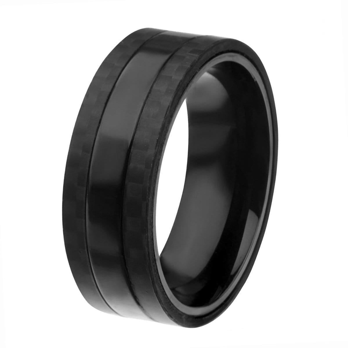 INOX JEWELRY Rings Black Stainless Steel Smooth Band with Carbon Fiber Detail Ring
