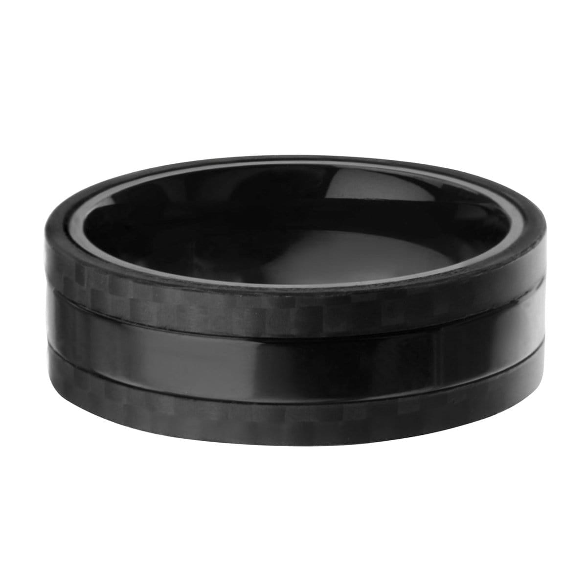 INOX JEWELRY Rings Black Stainless Steel Smooth Band with Carbon Fiber Detail Ring