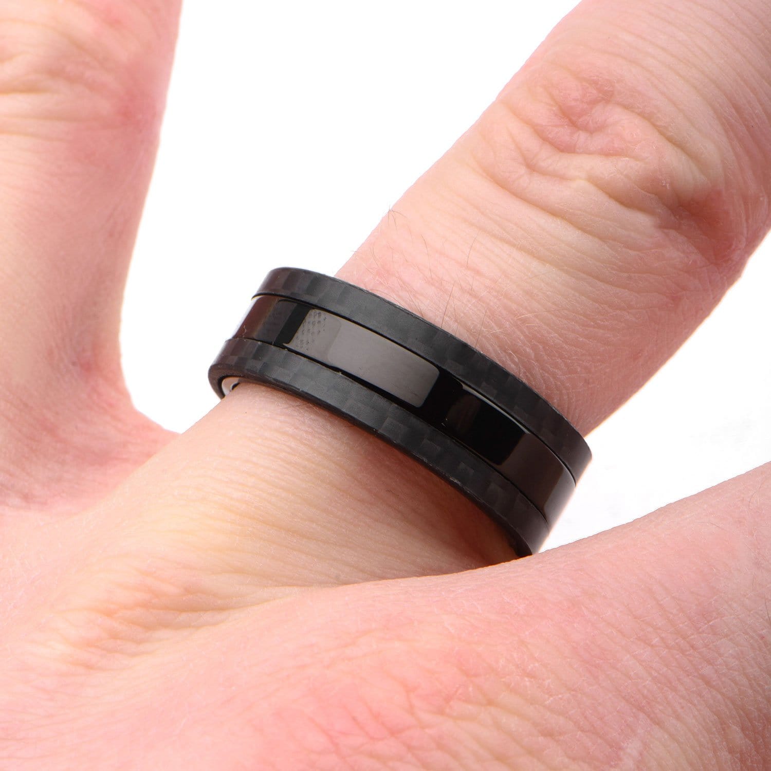 INOX JEWELRY Rings Black Stainless Steel Smooth Band with Carbon Fiber Detail Ring