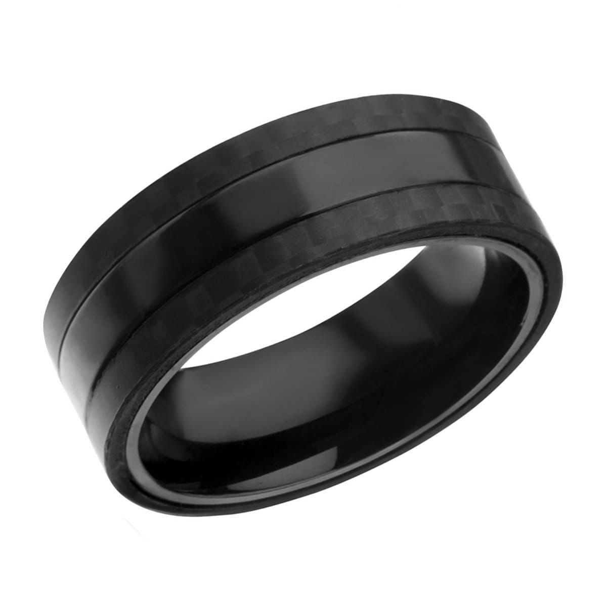 INOX JEWELRY Rings Black Stainless Steel Smooth Band with Carbon Fiber Detail Ring