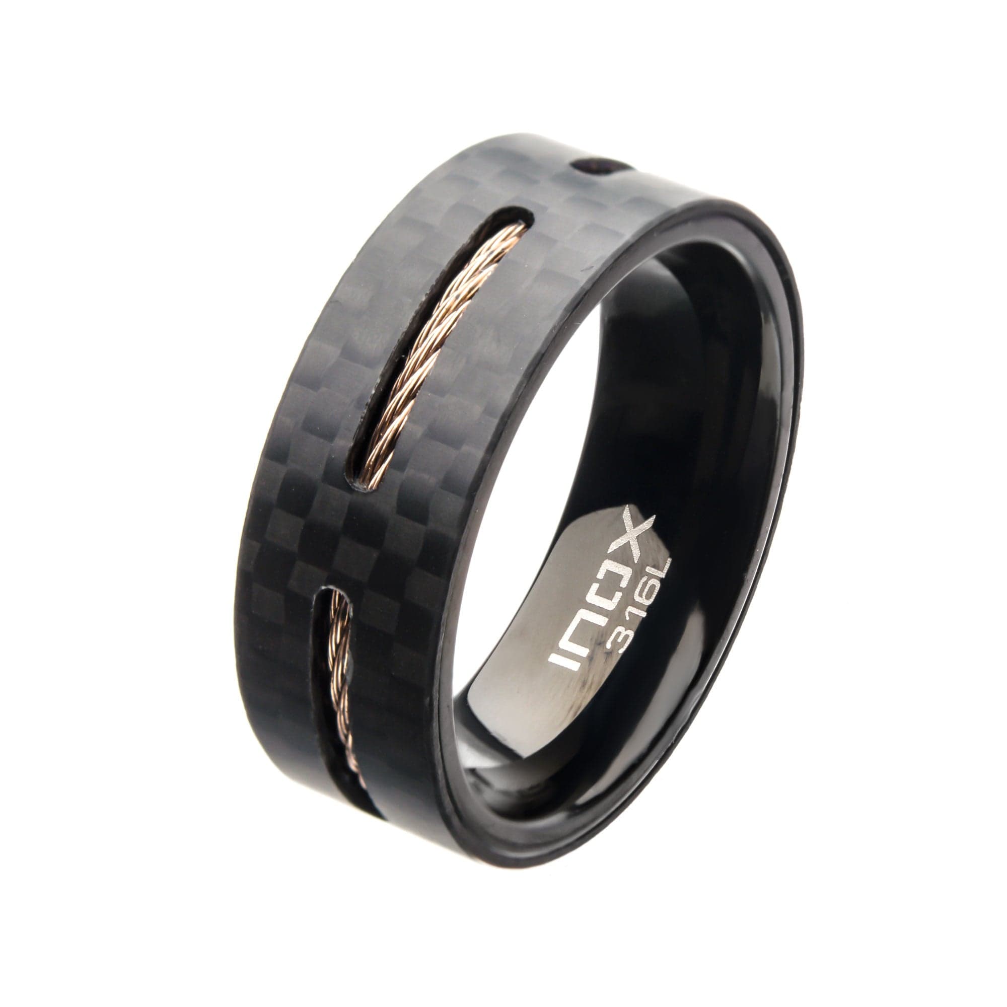 INOX JEWELRY Rings Black Stainless Steel Solid Carbon Fiber and Brown Cable Inlaid Band Ring
