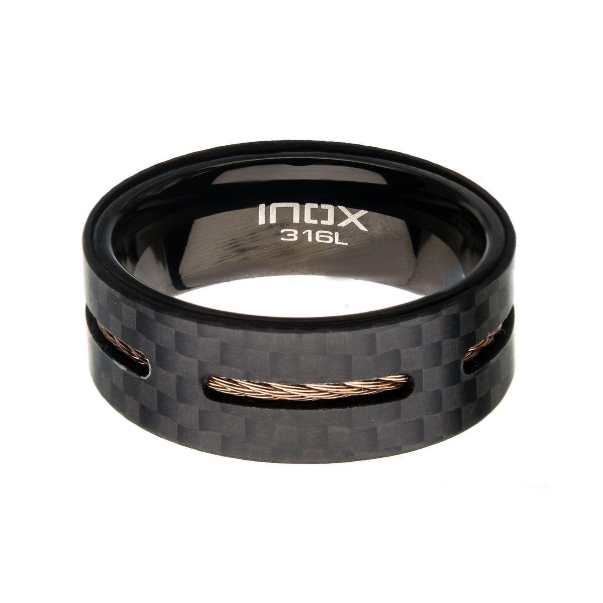 INOX JEWELRY Rings Black Stainless Steel Solid Carbon Fiber and Brown Cable Inlaid Band Ring