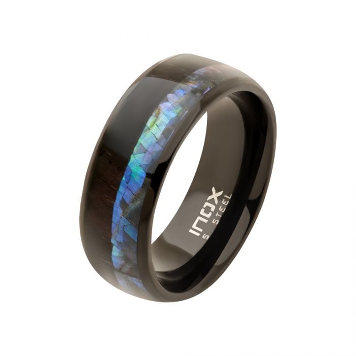 INOX JEWELRY Rings Black Stainless Steel with Abalone Shell and Ebony Wood Inlay Ring