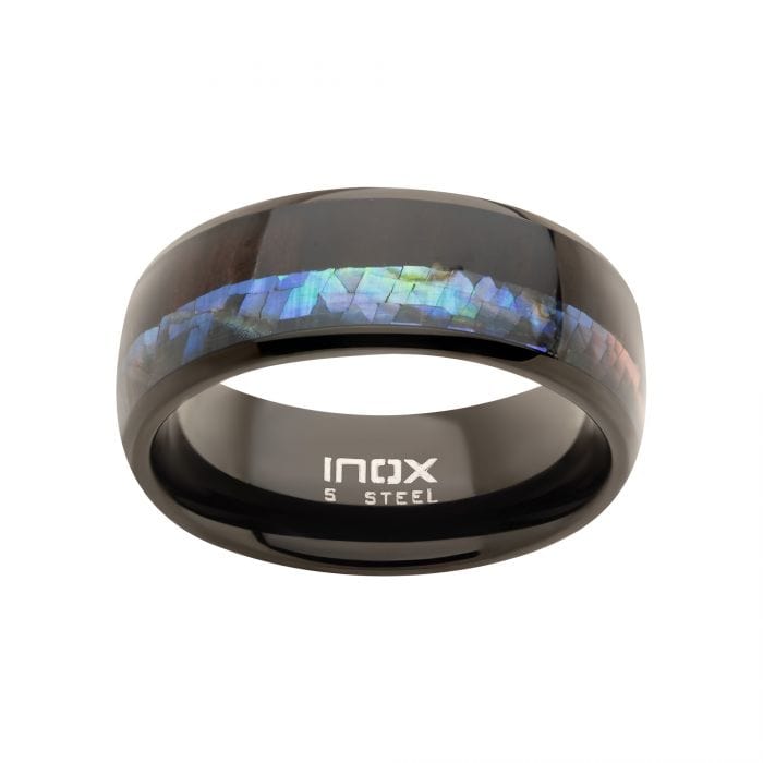 INOX JEWELRY Rings Black Stainless Steel with Abalone Shell and Ebony Wood Inlay Ring