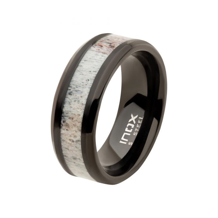 INOX JEWELRY Rings Black Stainless Steel with Deer Antler Inlay Band Ring