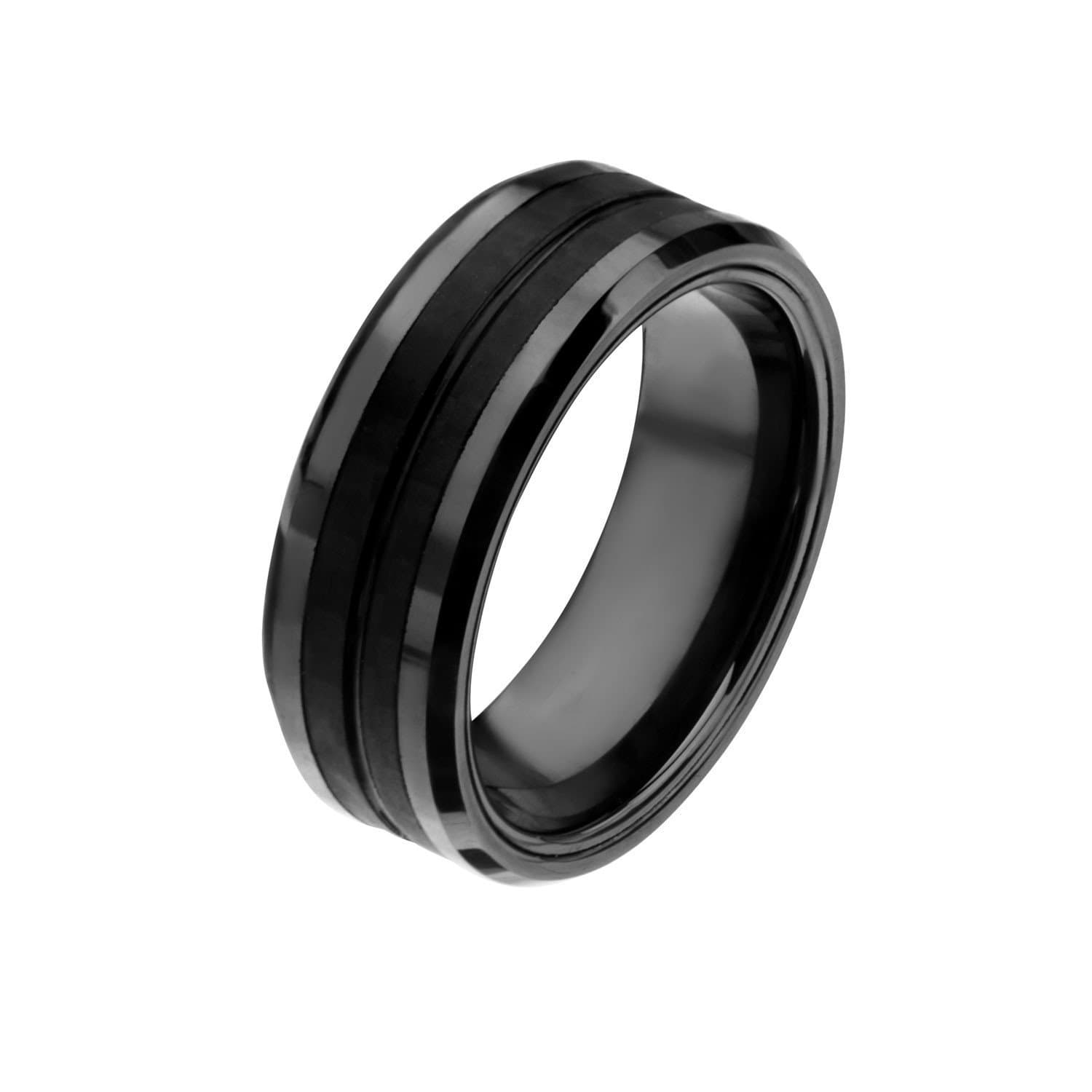 INOX JEWELRY Rings Black Stainless Steel with Double Line Center Solid Carbon Fiber Band