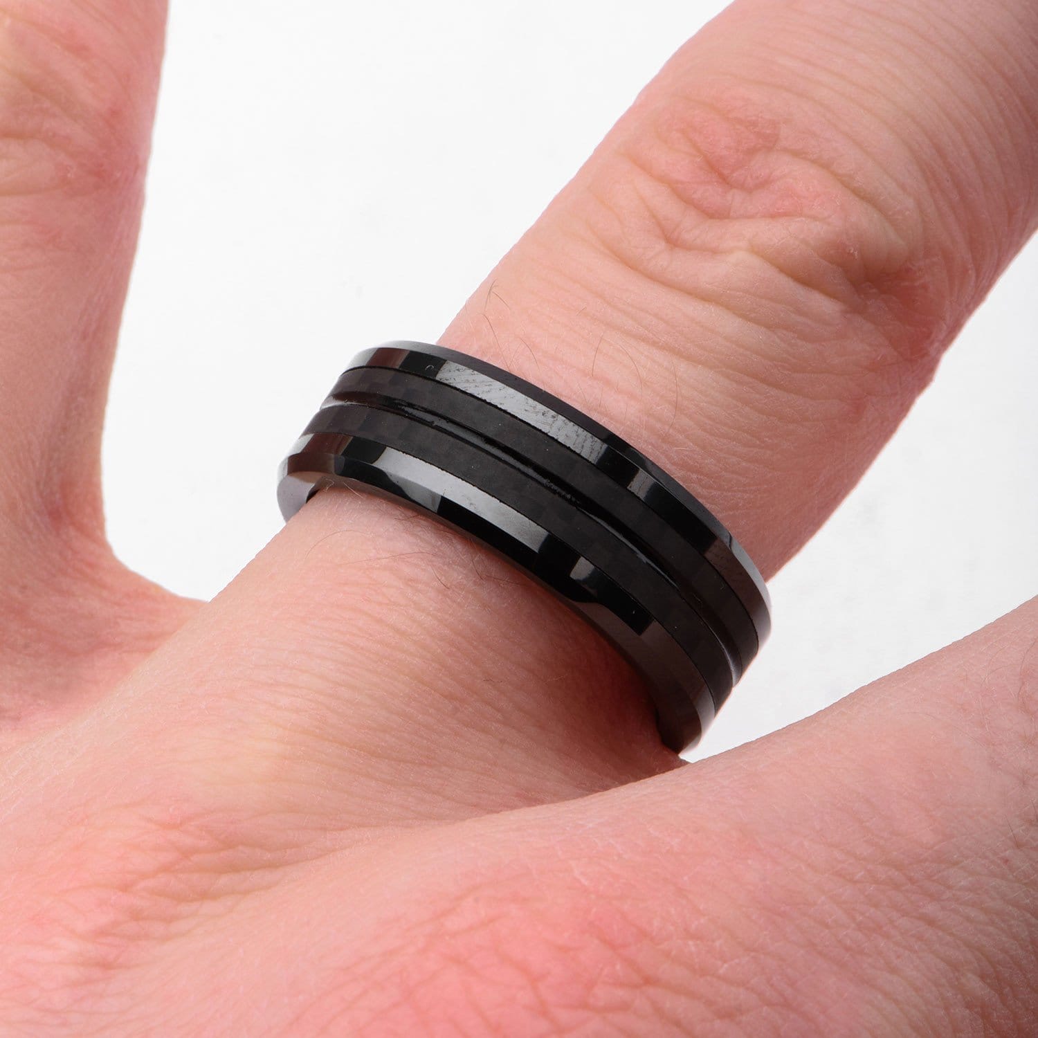 INOX JEWELRY Rings Black Stainless Steel with Double Line Center Solid Carbon Fiber Band