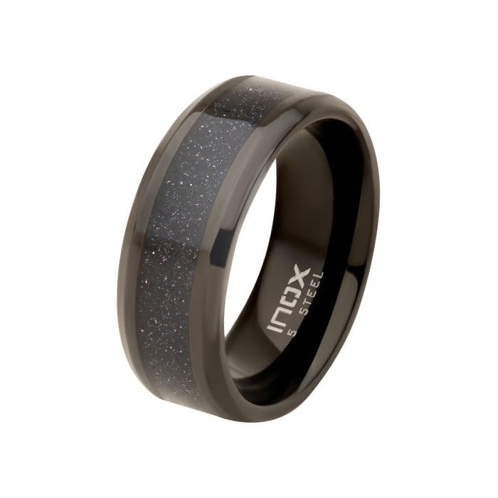 INOX JEWELRY Rings Black Stainless Steel with Genuine Blue Sandstone Inlay Band Ring