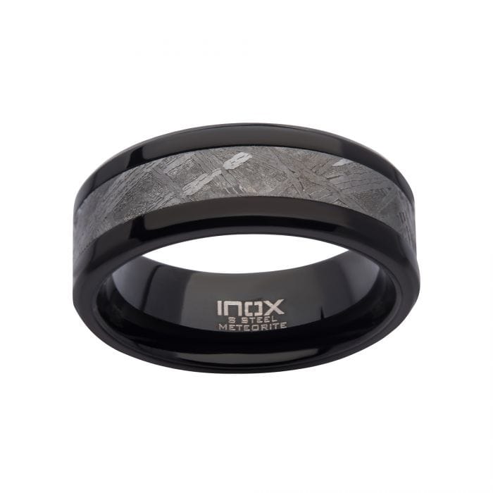 Buy Black Stainless Steel with Genuine Meteorite Inlay Band Ring - INOX ...