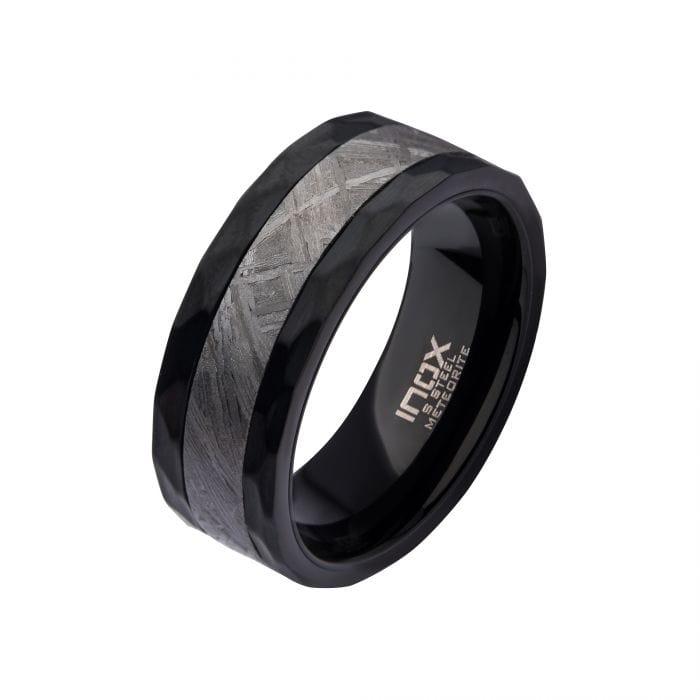 INOX JEWELRY Rings Black Stainless Steel with Genuine Meteorite Inlay Hammered Band Ring FRMT1379K-9