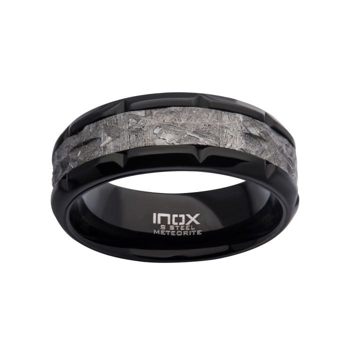 INOX JEWELRY Rings Black Stainless Steel with Genuine Meteorite Inlay Notch Band Ring FRMT1372K-10