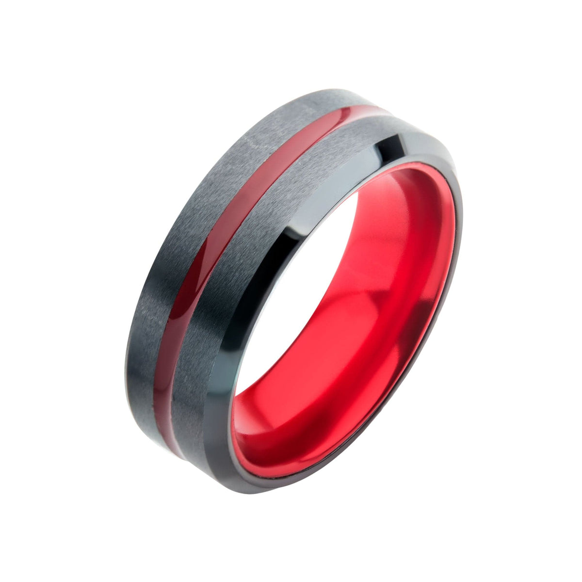 INOX JEWELRY Rings Black Stainless Steel with Inlaid Red Aluminum Beveled Wedding Band Ring