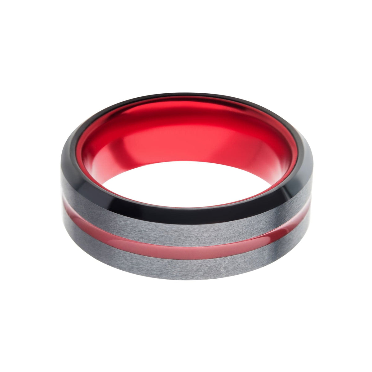 INOX JEWELRY Rings Black Stainless Steel with Inlaid Red Aluminum Beveled Wedding Band Ring