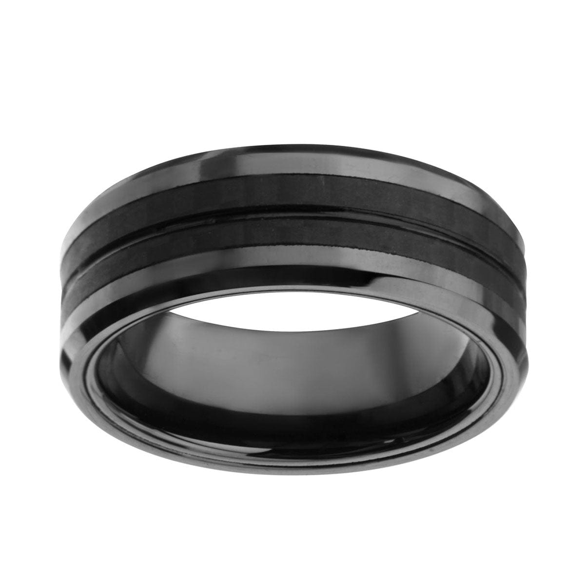 INOX JEWELRY Rings Black Stainless Steel Zero Gravity Collection Double Line Solid Carbon Fiber Band Ring