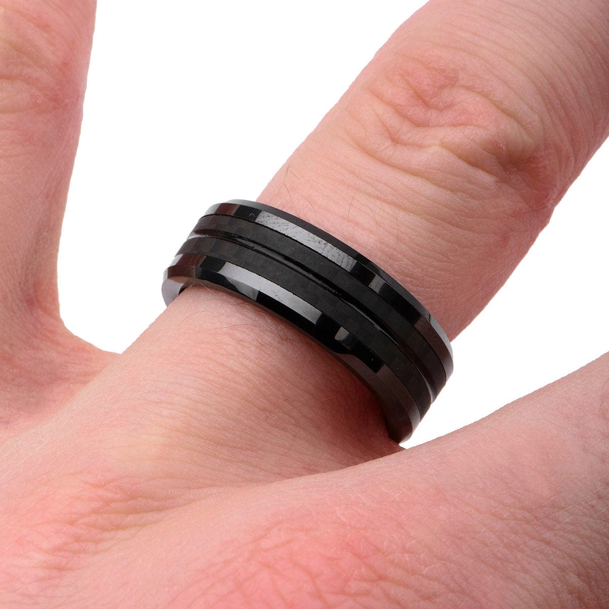 INOX JEWELRY Rings Black Stainless Steel Zero Gravity Collection Double Line Solid Carbon Fiber Band Ring