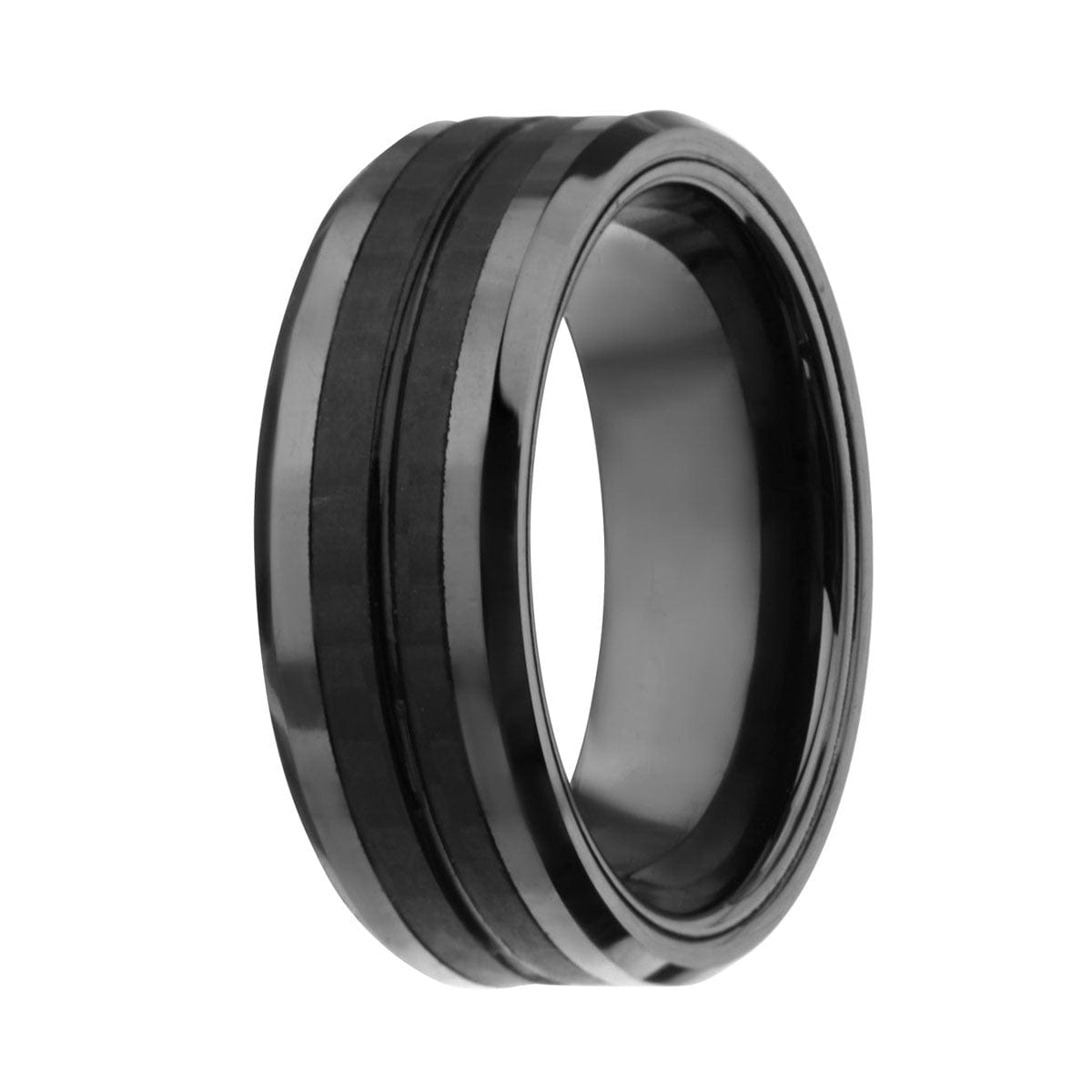 INOX JEWELRY Rings Black Stainless Steel Zero Gravity Collection Double Line Solid Carbon Fiber Band Ring