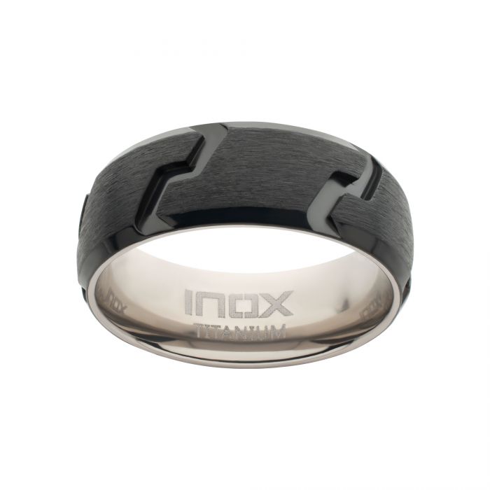 INOX JEWELRY Rings Black Titanium Tread Pattern Band Ring