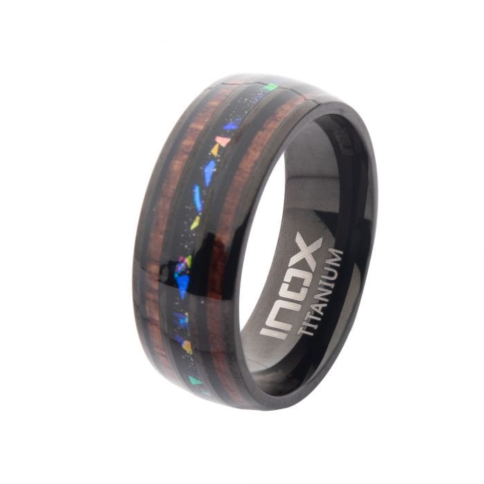 Black Titanium with Inlaid Wood and Opal Band Ring| INOX Jewelry India - Main Image