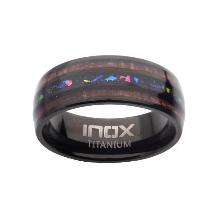 INOX JEWELRY Rings Black Titanium with Inlaid Wood and Opal Band Ring