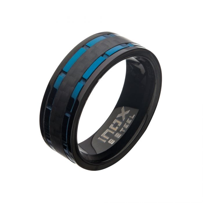 INOX JEWELRY Rings Blue and Black Stainless Steel Black Carbon Fiber Inlaid Hammered Band Ring