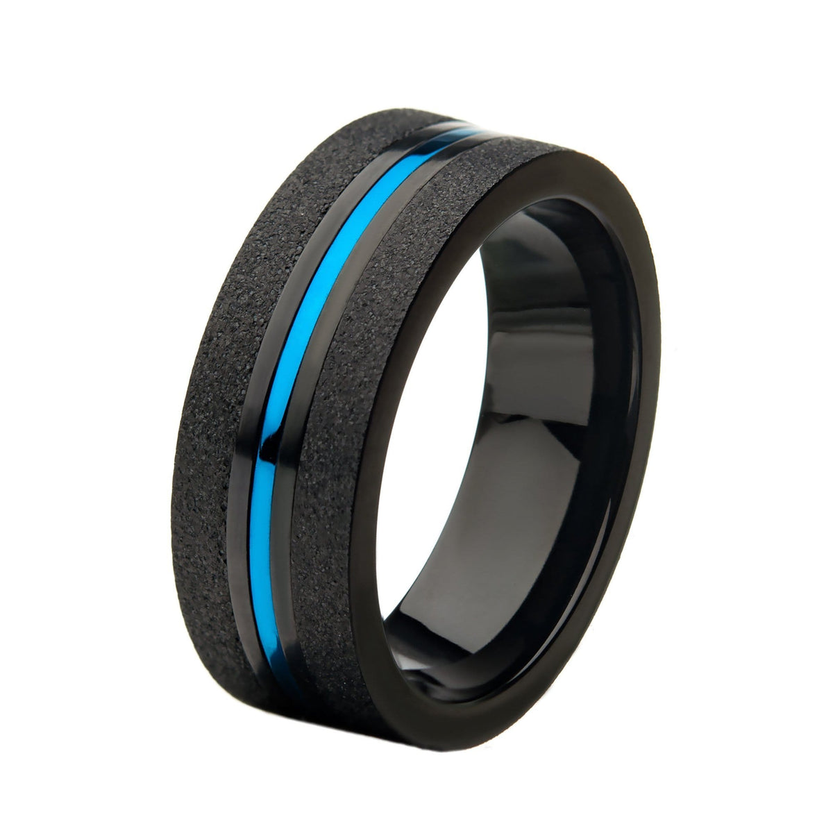 INOX JEWELRY Rings Blue and Black Stainless Steel Brushed Finish Clean Line Urban Band Ring