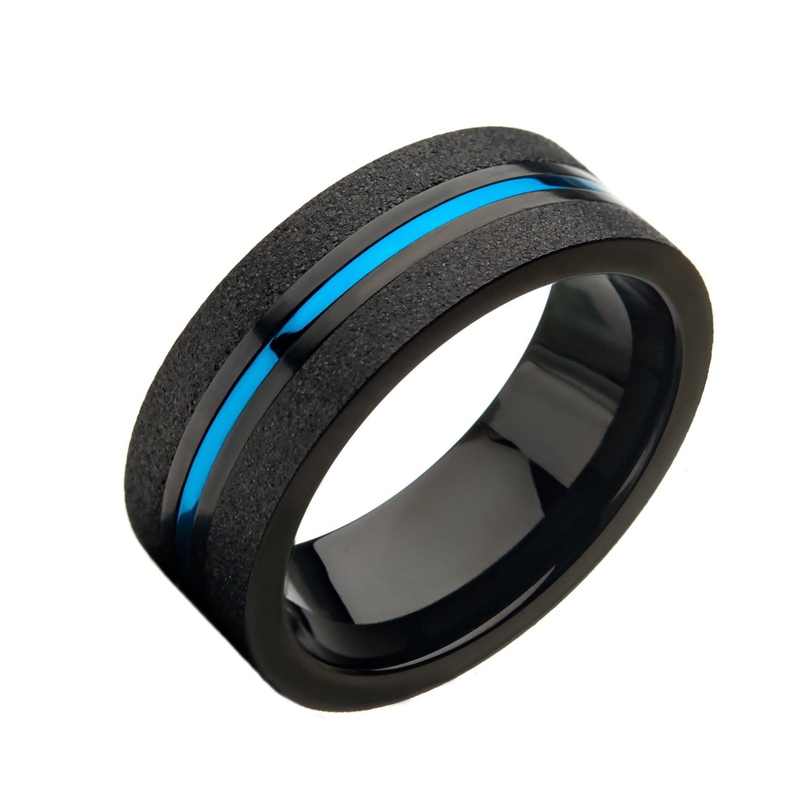 INOX JEWELRY Rings Blue and Black Stainless Steel Brushed Finish Clean Line Urban Band Ring