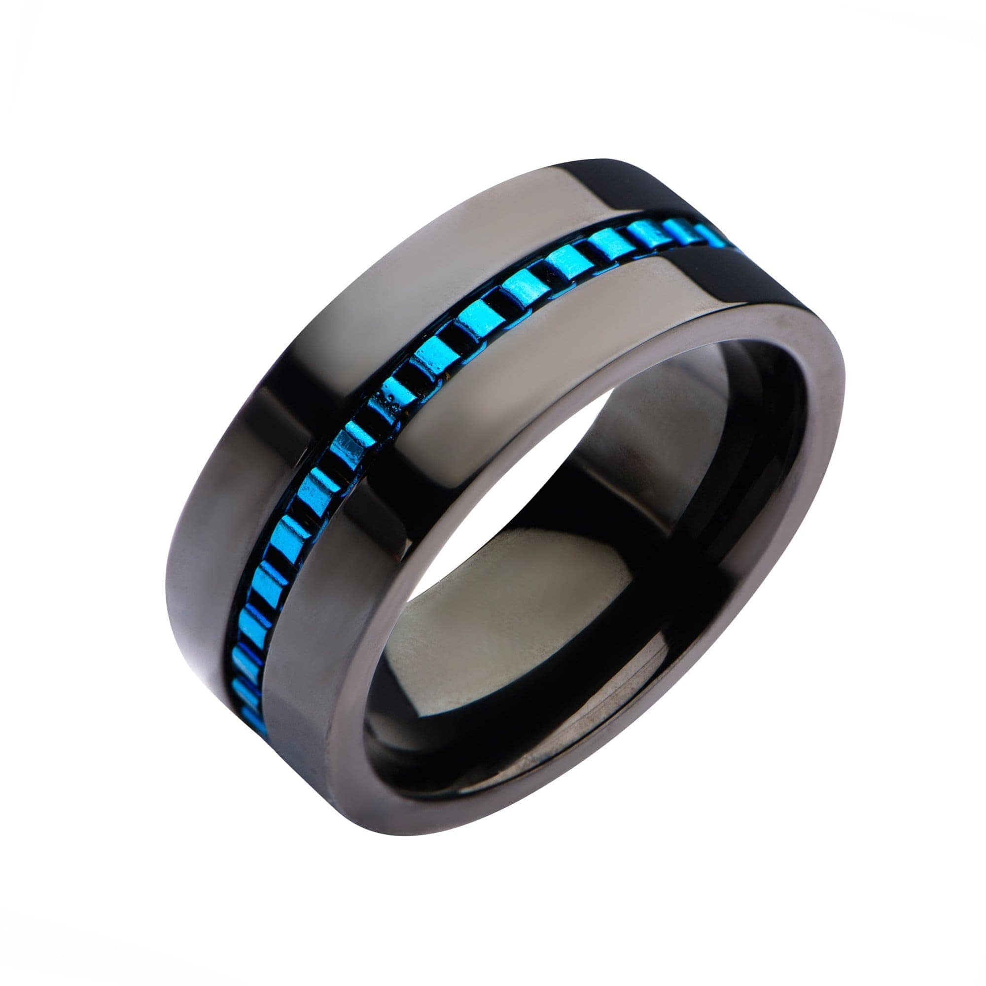 INOX JEWELRY Rings Blue and Black Stainless Steel Interconnected Linked Detail Modern Band Ring