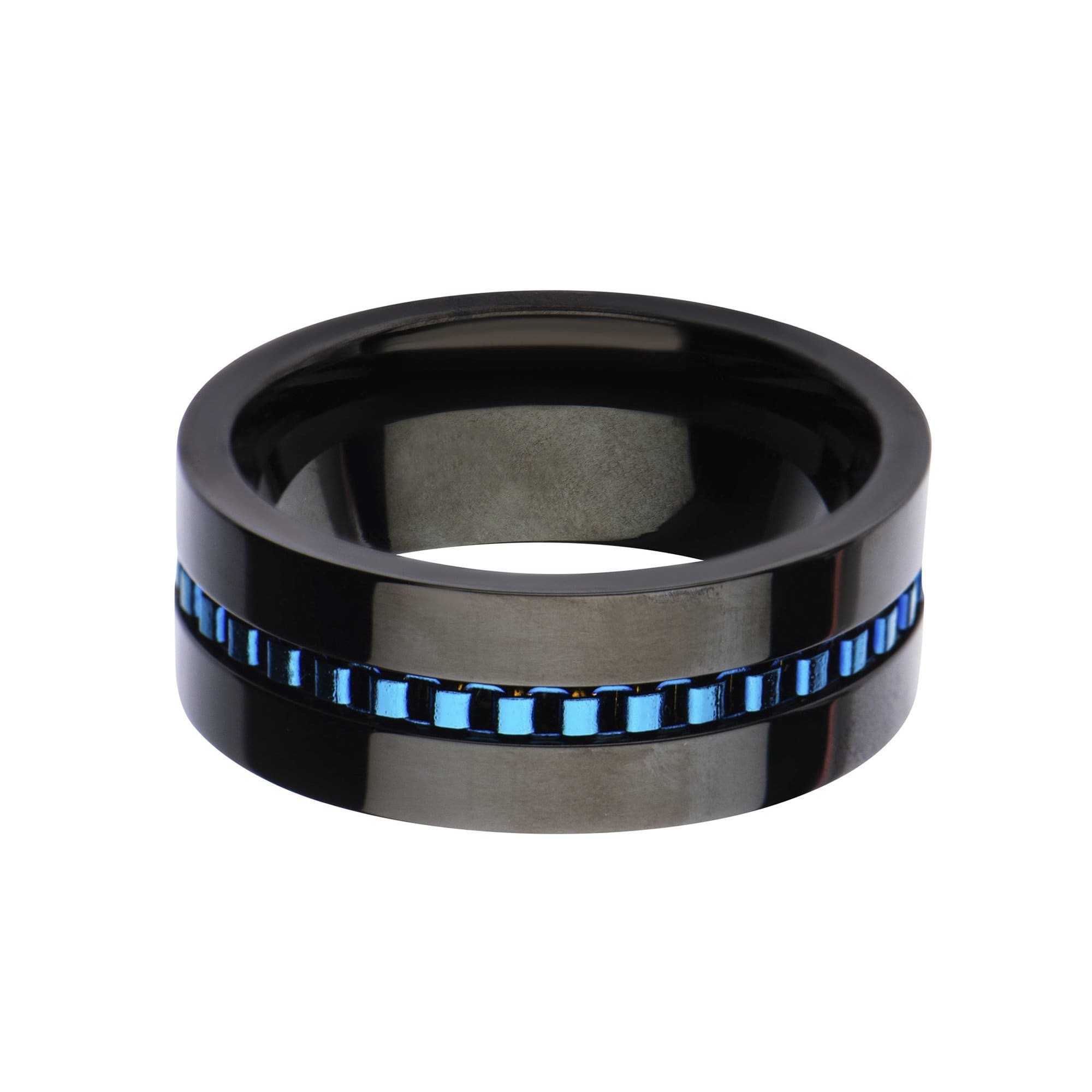 INOX JEWELRY Rings Blue and Black Stainless Steel Interconnected Linked Detail Modern Band Ring