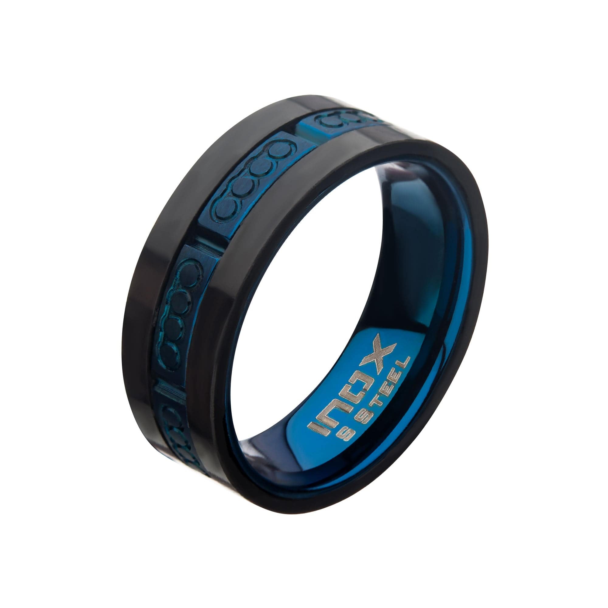 INOX JEWELRY Rings Blue and Black Stainless Steel Matte Finish Prussian Carbon Fiber Band Ring