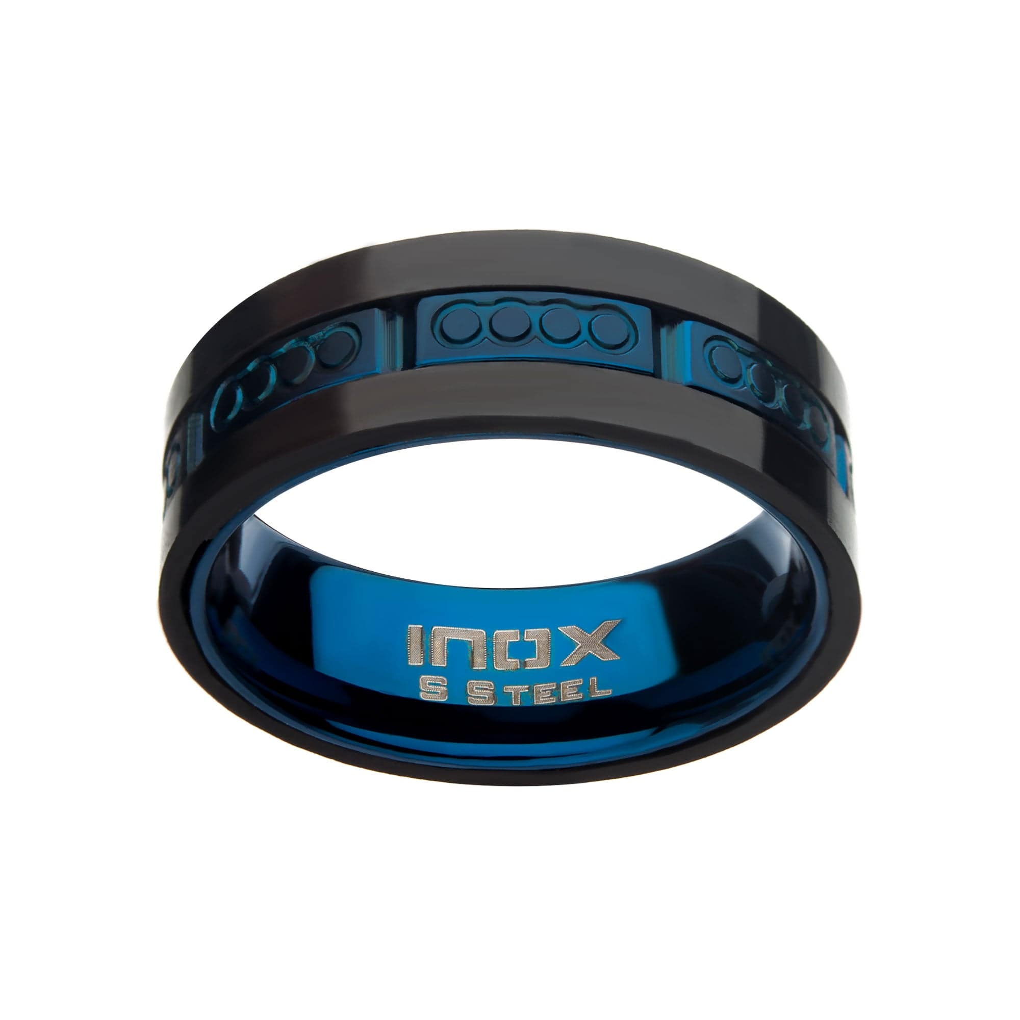 INOX JEWELRY Rings Blue and Black Stainless Steel Matte Finish Prussian Carbon Fiber Band Ring